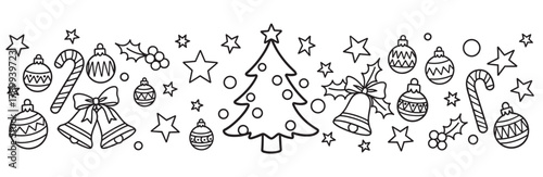 Christmas doodle banner with festive holiday icons. Hand drawn line art collection with tree, ornaments, bells and stars for a coloring page or seasonal decoration