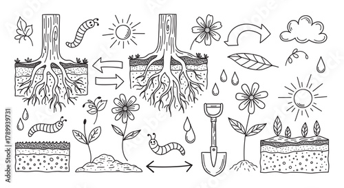 Hand drawn doodle set of gardening and nature elements. Collection of sketched icons showing plant growth, soil layers, and weather symbols for ecological concepts