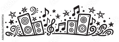 Doodle style musical composition with audio speakers and notes. Hand drawn graphic border for concert flyers, party invitations or festival announcements