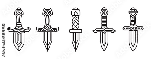 Set of fantasy dagger and sword icons with ornate details. Collection of medieval weapon symbols in a minimalist outline style for gaming or tattoo design