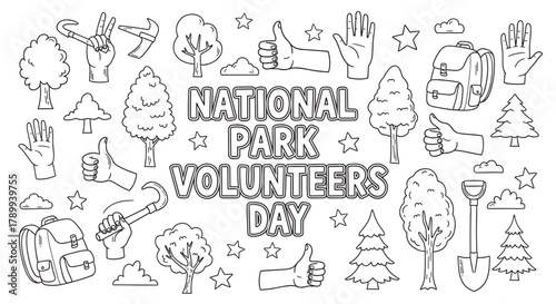 National park volunteers day lettering with a collection of doodle icons. Hand drawn set for environmental conservation and community work including trees, tools and hand gestures
