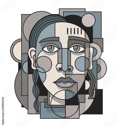 Geometric composition of a female face in a contemporary cubist style. Abstract line art portrait with a desaturated color palette for a sophisticated design concept