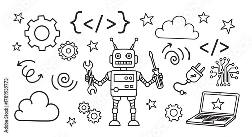 Doodle collection of technology and programming icons with a robot character. Artificial intelligence, software development, and engineering concepts in a simple line art style