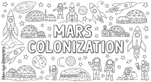 Mars colonization doodle set for a coloring page with astronauts and rockets. Hand drawn space exploration collection featuring planetary bases, spaceships, and cosmic objects