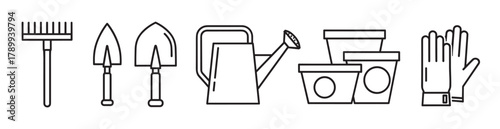 Gardening tools icon set for agriculture and farming concepts. Minimalist line art collection with rake, shovel, watering can, pots, and gloves for web or print design