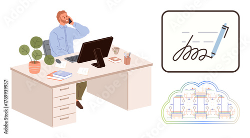 Man sitting at a desk with a computer, signing documents digitally, talking on the phone. Ideal for remote work, digital signature, workflow, communication, productivity, business tech simple flat