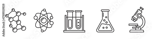 Collection of scientific outline icons for chemistry and biology projects. A minimal set with a molecule, atom, test tube, laboratory flask, and microscope for research concepts