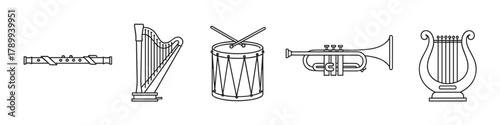 Musical instruments icon set in a simple line art style. Collection of classic orchestra equipment including flute, harp, drum, trumpet and lyre for web and app design