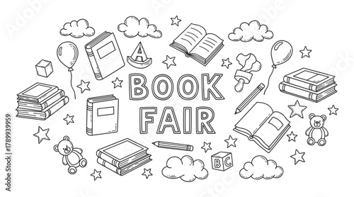 Book fair doodle set with lettering and cute educational elements. Hand drawn collection of books, toys, and school supplies for a kids' reading event or festival banner