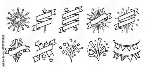 Hand drawn celebration icon set with fireworks and ribbons. Doodle collection of party banners, stars, and bunting for festive event design and holiday decoration elements