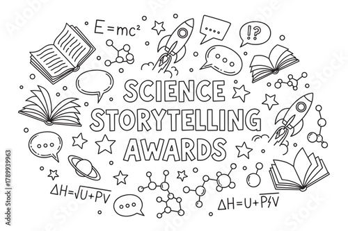 Science storytelling awards concept with doodle icons for education and competition. Hand drawn line art featuring books, rockets, molecules and speech bubbles for a contest