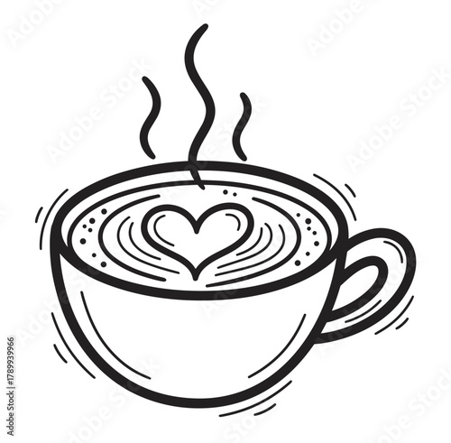 Hand drawn coffee cup with heart shaped latte art in a doodle sketch style. Monochrome icon for a cafe menu or coffee shop logo representing a warm cappuccino beverage