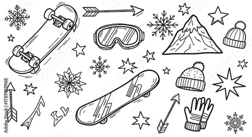 A collection of hand drawn winter sports and skateboarding elements. Doodle style icons including a snowboard, skateboard, goggles, and snowflakes for creative projects