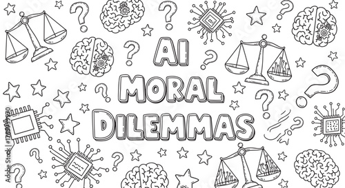 Conceptual banner for ai moral dilemmas in a hand drawn doodle style. Ethical questions of artificial intelligence represented by brain, justice scales and microchip symbols