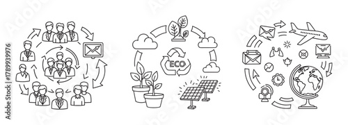 Business process and ecology concept icons in a thin line style. Global communication, corporate teamwork, and sustainable green energy cycle diagrams for infographics