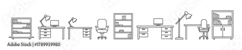 Set of office furniture and workspace equipment in a minimal outline style. Linear icons of a desk, chair, bookshelf, and lamp for modern interior design or business concepts