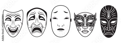 Collection of theatrical masks representing different cultures and emotions. Includes greek comedy, tragedy, japanese noh, venetian carnival, and tribal designs