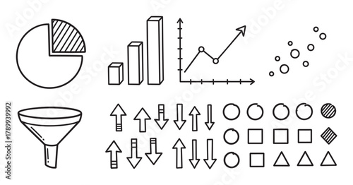 Hand drawn set of business infographic elements for data visualization. This collection includes various charts, graphs, a sales funnel, arrows, and other doodle style symbols