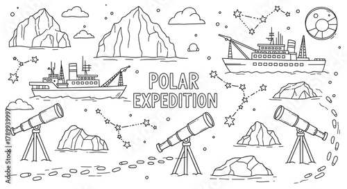 Polar expedition doodle set with arctic and antarctic research elements. Hand drawn collection of icebreaker ships, icebergs, telescopes, and constellations for science exploration