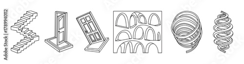Collection of impossible figures and optical illusions in a minimalist line art style. Paradoxical geometric shapes including endless stairs, surreal doors, arches and spirals