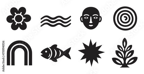 Collection of abstract minimalist icons representing nature and universal symbols. Modern geometric glyphs include a flower, fish, face, rainbow, and starburst for design
