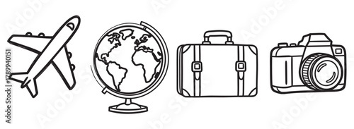 Collection of hand drawn travel icons representing a journey or vacation. Set includes an airplane, world globe, luggage and a camera for tourism and adventure themes