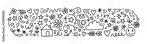 Hand drawn doodle banner with cute icons for love and happiness. A collection of simple line art elements including hearts, stars, flowers and a house for creative design