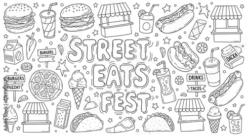 Hand drawn set of street food festival elements in a doodle style. Black and white outline icons of burgers, hot dogs, pizza, and tacos for menu or event promotion