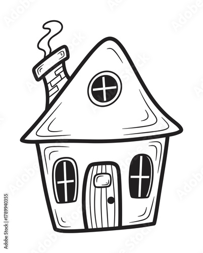 A whimsical cartoon house with a smoking chimney in a simple hand drawn doodle style. Black and white outline drawing for a coloring book page or children's creative activity