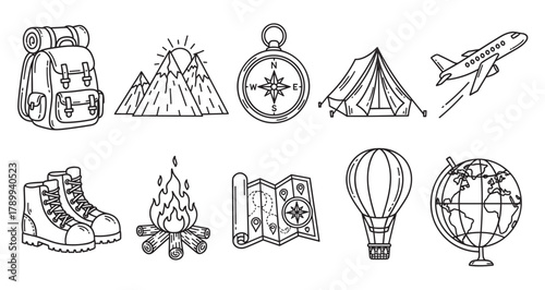 Hand drawn travel and adventure icon collection for tourism and exploration. Features a backpack, compass, tent, and campfire for hiking and camping. Simple line art elements