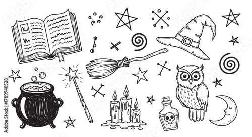 Set of magic doodle elements for witchcraft and halloween themes. Hand drawn sketch collection with a spell book, cauldron, broomstick, owl, and other esoteric symbols