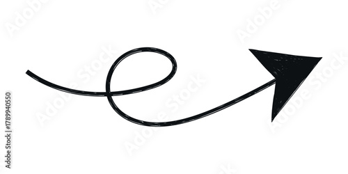 Hand drawn crayon movement black arrow. Grunge squiggly arrow. Pencil chalk lines sketch. Color brush scribble element. Doodle vector illustration.