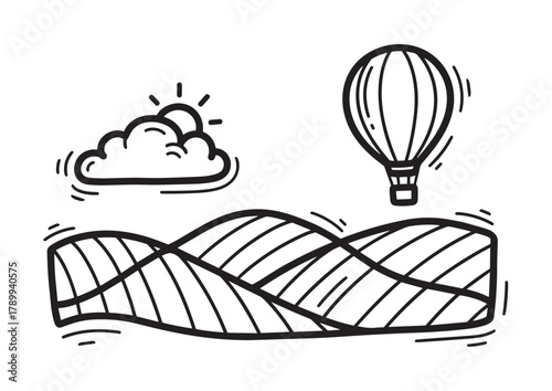 Hand drawn doodle set of a rural landscape with a hot air balloon and farm fields. Simple sketch icons of a sunny sky for travel, agriculture, or nature concepts