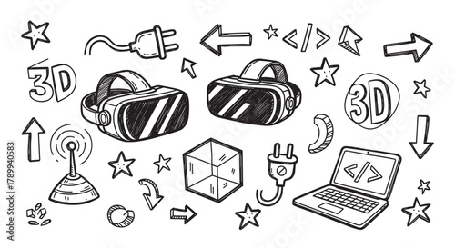 Doodle collection of virtual reality and modern technology icons. Hand drawn sketch elements like vr headset, 3d cube, laptop and coding symbols for metaverse concepts