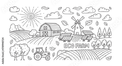 Eco farm landscape with a barn, windmill, and solar panels. Hand drawn doodle of sustainable agriculture and renewable energy in a rural countryside scene with a tractor