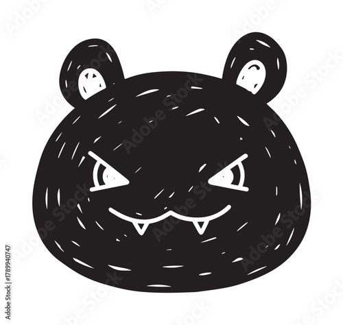 A cute but evil monster character head in a sketchy doodle style. Isolated graphic icon of a spooky yet funny beast for halloween designs or creative projects