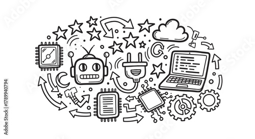 Doodle style collection of technology and robotics icons. Hand drawn concept representing artificial intelligence, programming, and computer science for innovation and development
