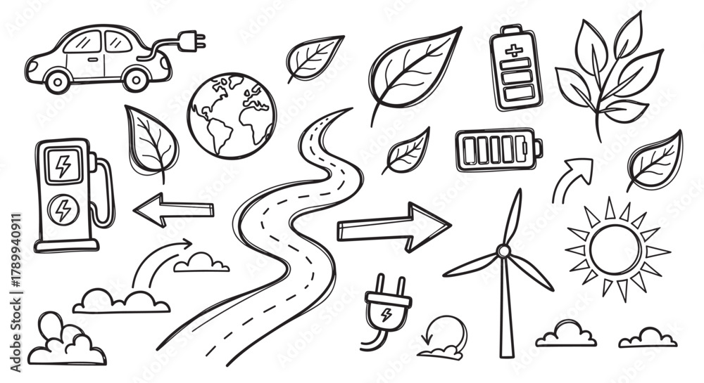 Fototapeta premium Hand drawn doodle icons for green energy and sustainability concepts. Collection of eco friendly elements like electric car, wind turbine, solar power and planet earth