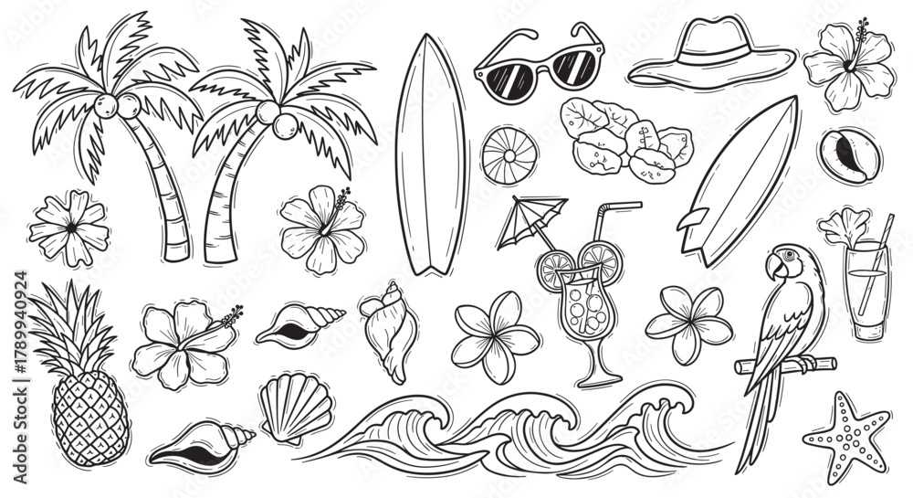 Fototapeta premium Hand drawn collection of tropical summer vacation icons in a doodle style. Featuring palm trees, surfboards, hibiscus flowers, and exotic cocktails for beach themed designs