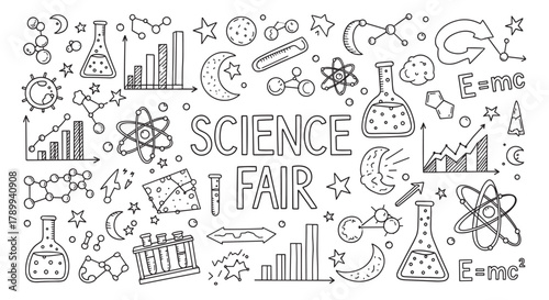 Science fair doodle set with hand drawn chemistry and physics icons. Educational banner for school projects with astronomy and laboratory equipment elements on white