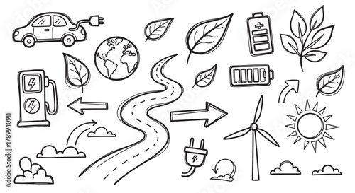 Hand drawn doodle icons for green energy and sustainability concepts. Collection of eco friendly elements like electric car, wind turbine, solar power and planet earth