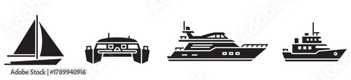 Set of boat and ship icons for transportation design. Collection of yacht, sailboat, catamaran and vessel silhouettes isolated on a white background for web or mobile app