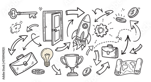 Hand drawn doodle icons for business startup and success concepts. Set includes rocket launch, trophy, lightbulb idea, and financial growth symbols for strategy and achievement
