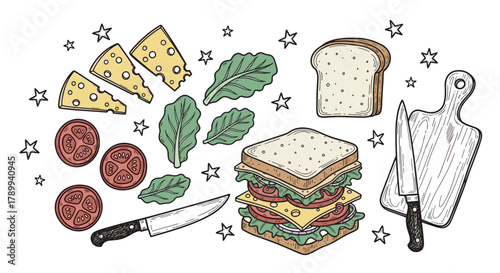 Hand drawn set of sandwich ingredients for a cafe menu design. Doodle collection with bread, cheese, tomato, and lettuce for making a delicious lunch or snack