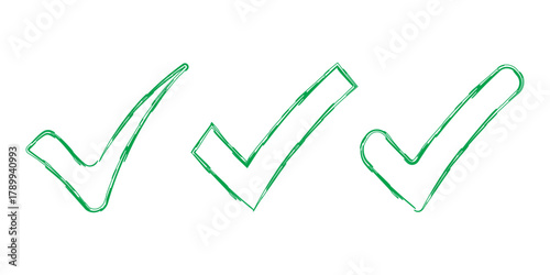 Set of check marks drawn with brush strokes. Approval symbol. Green check mark symbol on isolated background. Vector.
