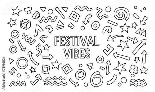 Hand drawn festival vibes typography surrounded by a chaotic pattern of memphis style elements. Black and white line art for coloring pages or celebration design concepts