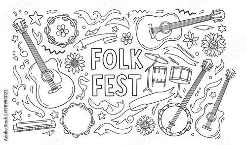 Folk fest doodle with musical instruments for a festival banner. Hand drawn collection of acoustic guitar, banjo, and tambourine elements for a country concert poster design