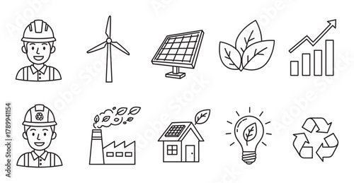 Renewable energy and environmental conservation icon set. Line art symbols for sustainability and green technology. Male adult worker avatars for industrial ecology concepts