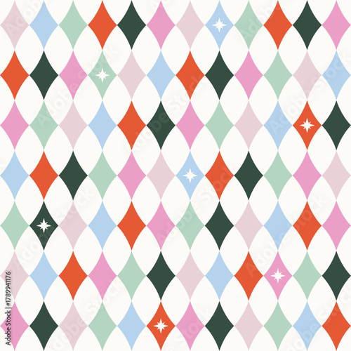 Harlequin rhombuses Christmas seamless pattern with tiny stars. Vertical candy colors festive wallpaper, gift wrap texture