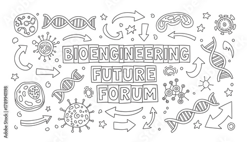 Bioengineering future forum concept with hand drawn science icons. Doodle set of dna, virus, cell and molecule symbols for a scientific conference or educational banner